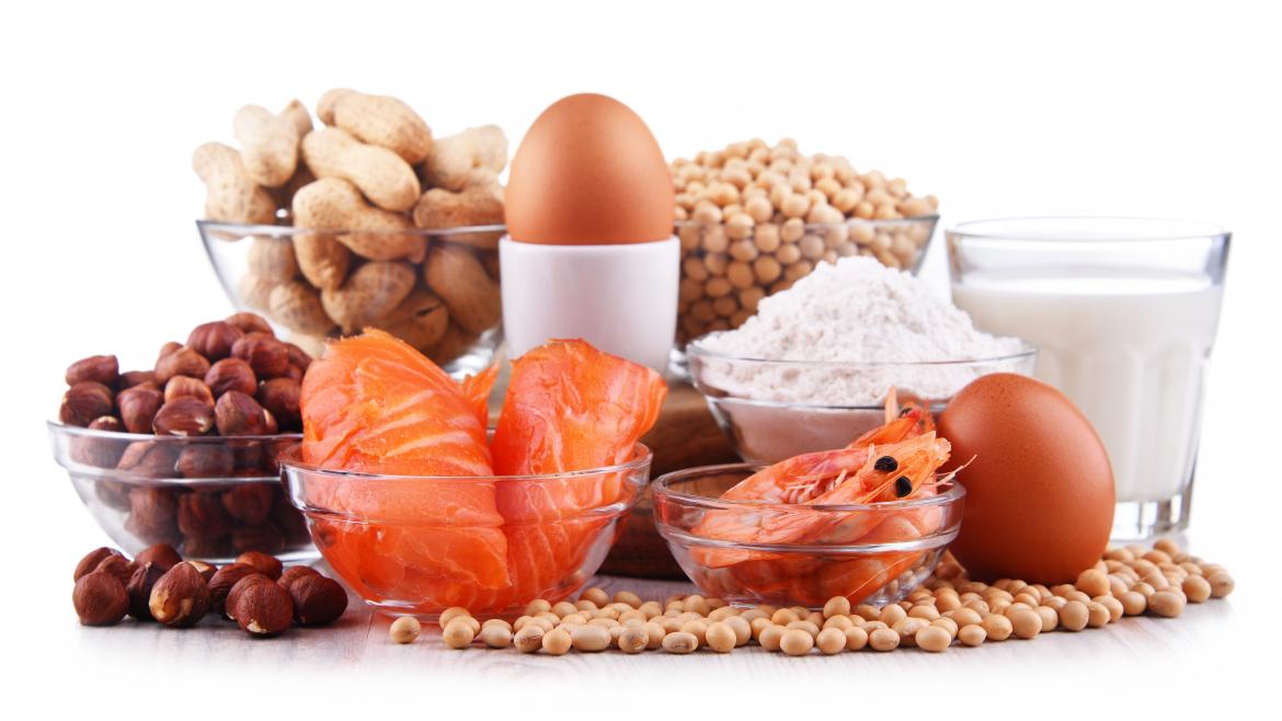 Mehrere Allergene auf einem Tisch, Milch, Lachs, Eier, Nüsse
