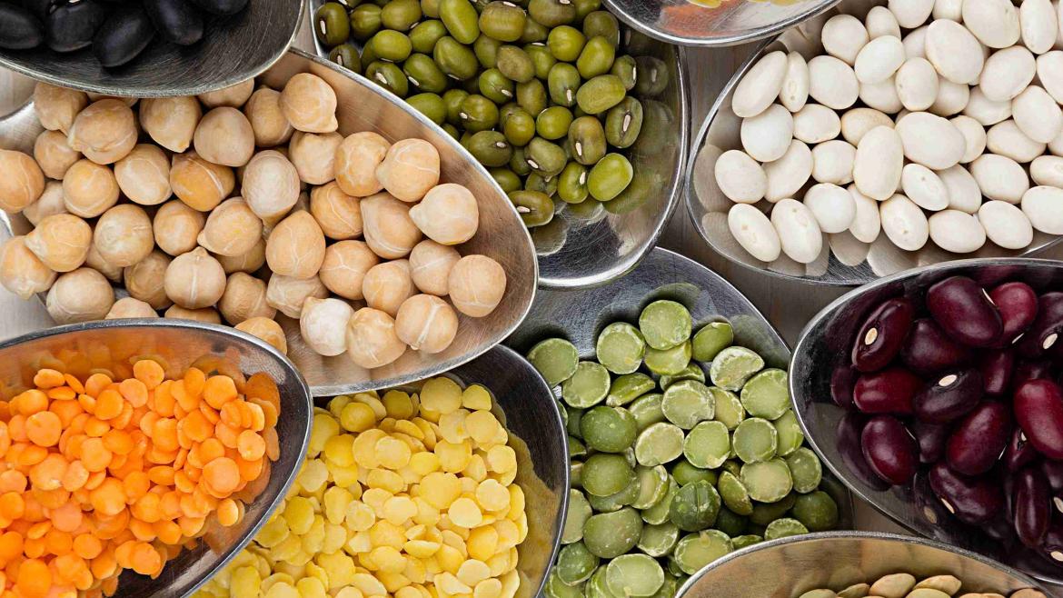 verschieden Hülsenfrüchte auf Löffeln