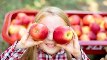 Kind hält sich zwei Äpfel vor die Augen. Im Hintergrund steht auf einer Wiese ein Korb voll Äpfel.