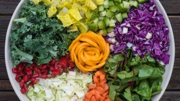 Schüssel mit verschiedenen Salatzutaten von oben gesehen: Rotkohl, Spinat, Möhren, Grünkohl. Weißkohl