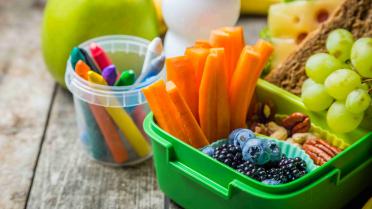 Brotdose mit Möhren Beeren Trauben