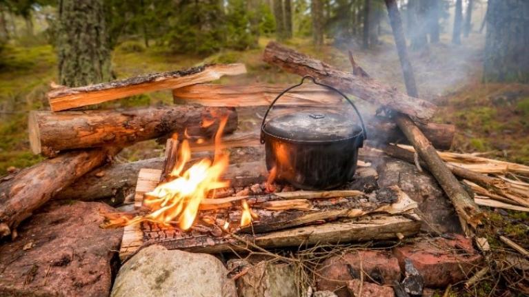 Feuer mit Topf im Wald