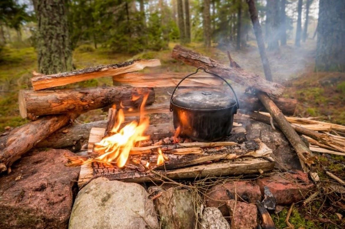 Feuer mit Topf im Wald